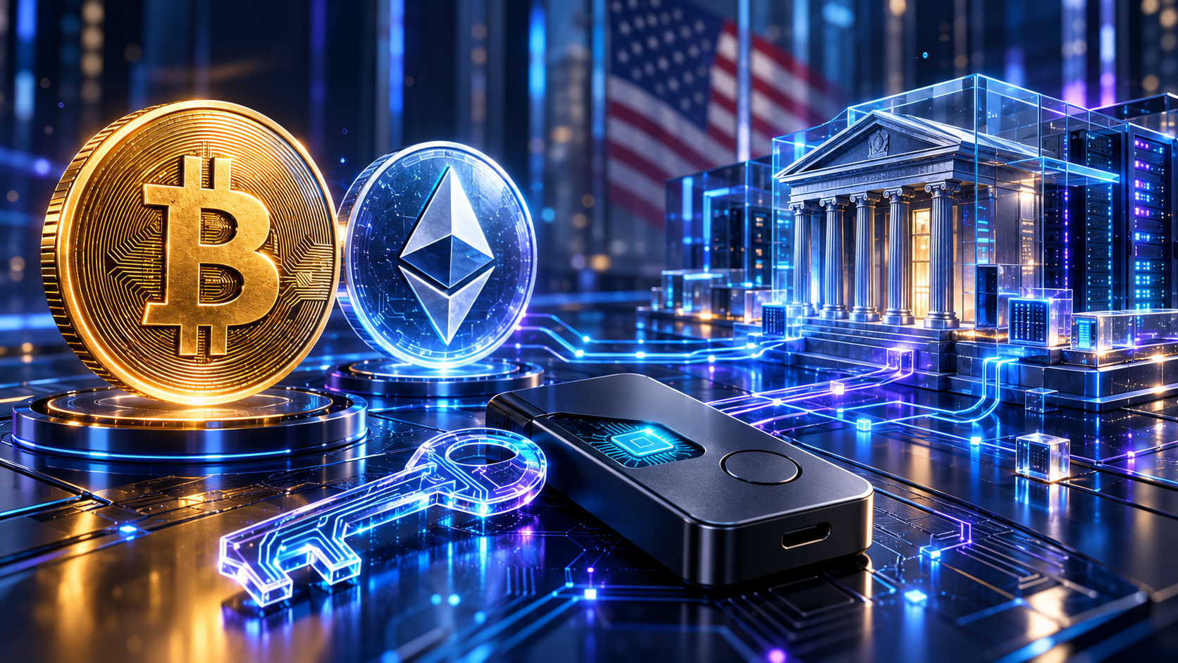 A secure digital asset vault with a keyhole and connected custody nodes